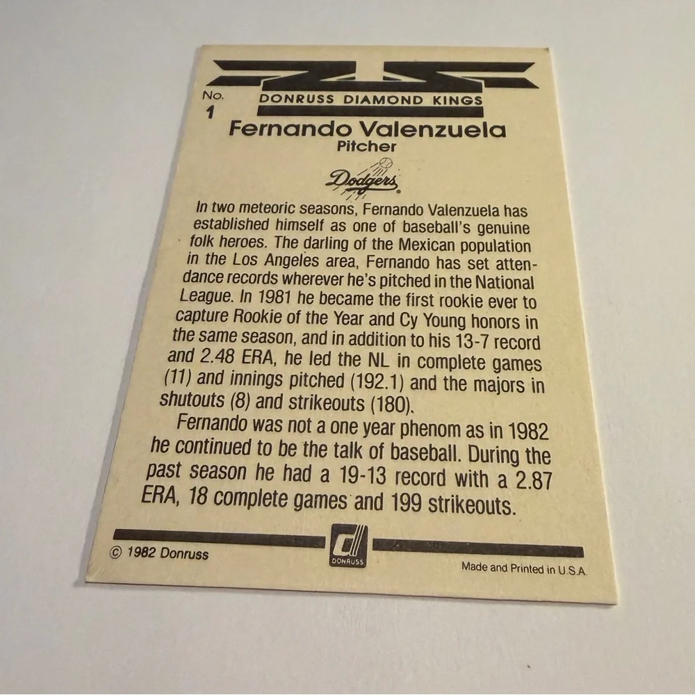 Fernanado Valenzuela 1982 Donruss Diamond Kings Baseball Card Vintage